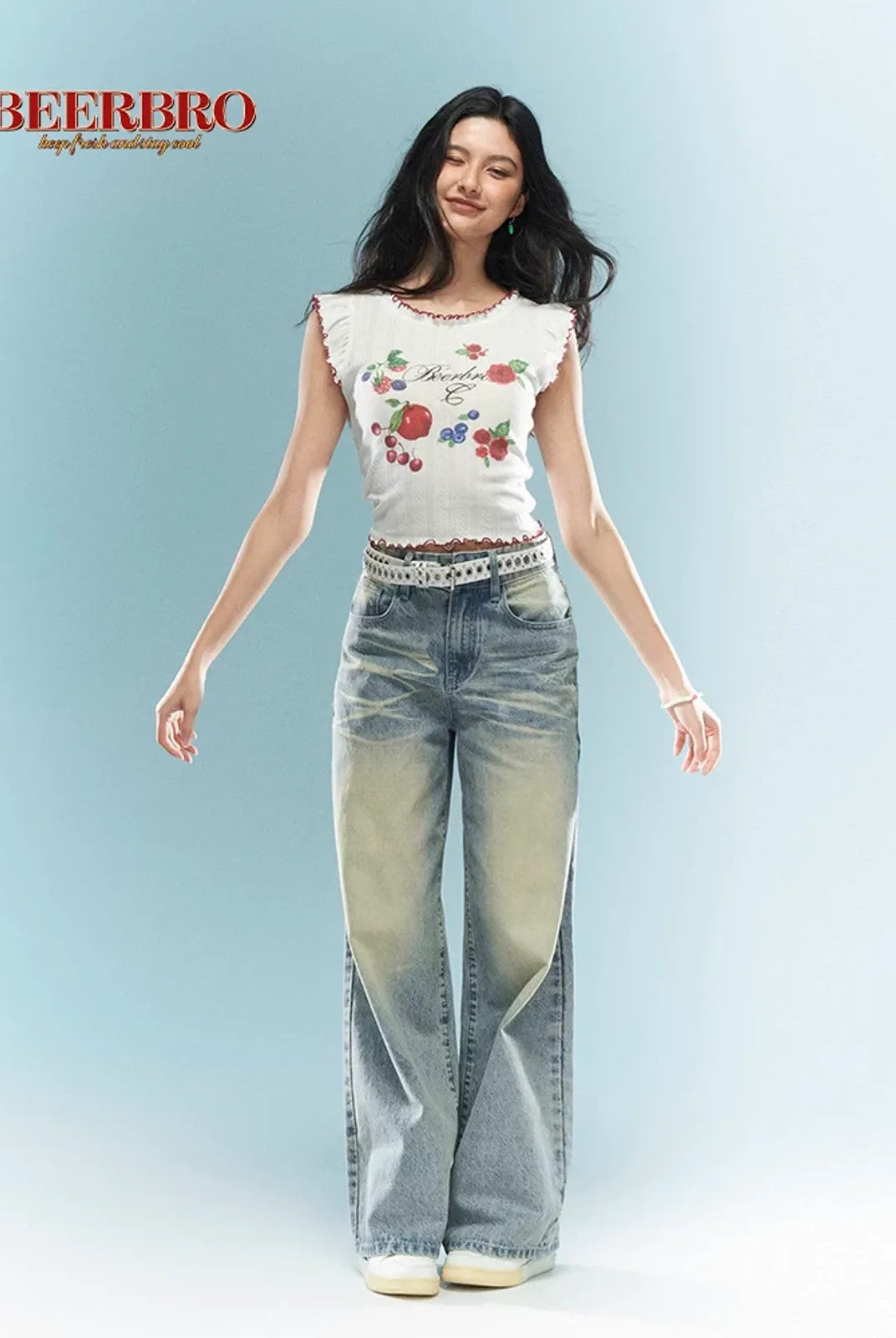 BeerBro Fruit Print Lettuce Edge Crop Top in White - On Model