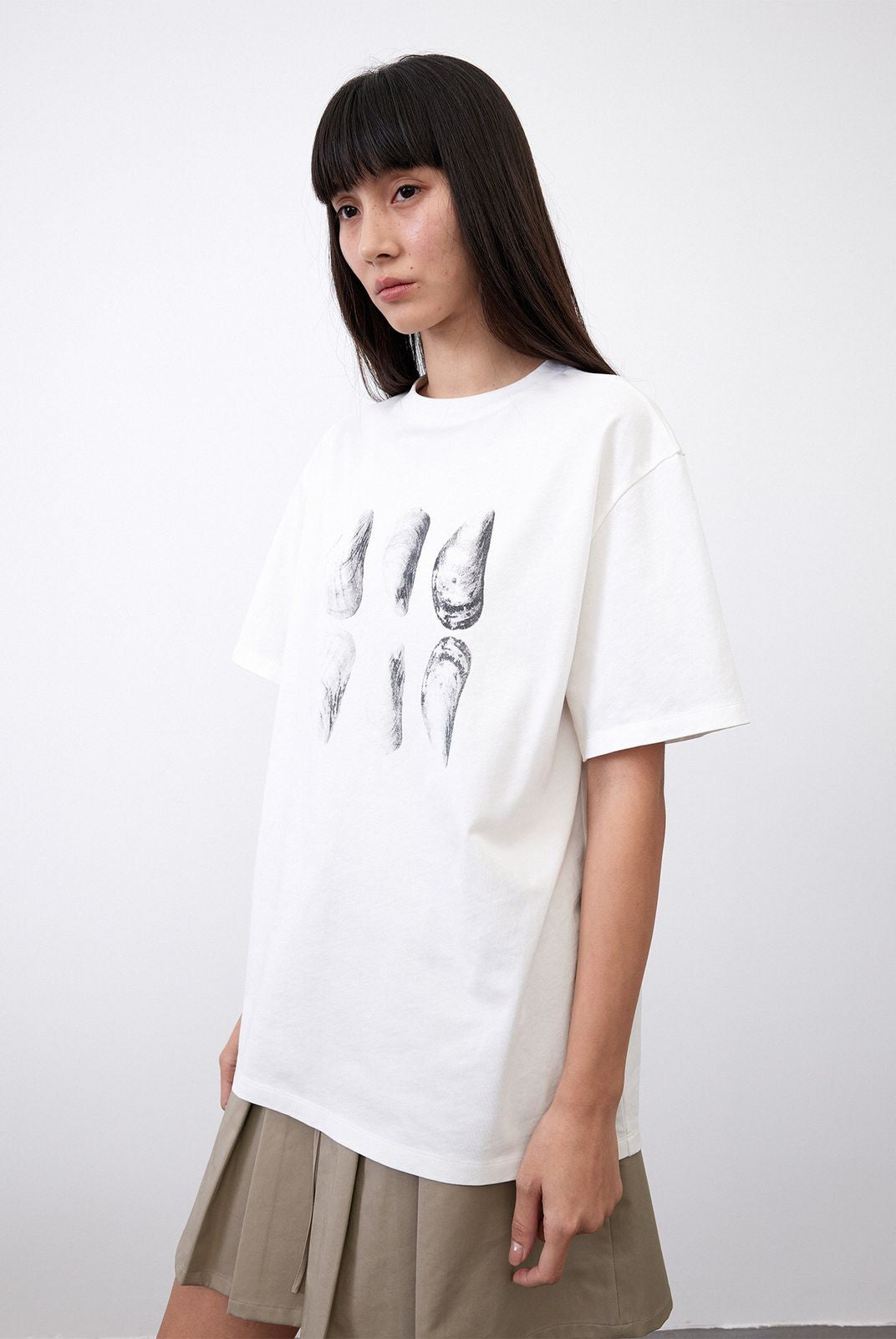 RandomPiece Shell Print High Twist Cotton T Shirt in White - On Model