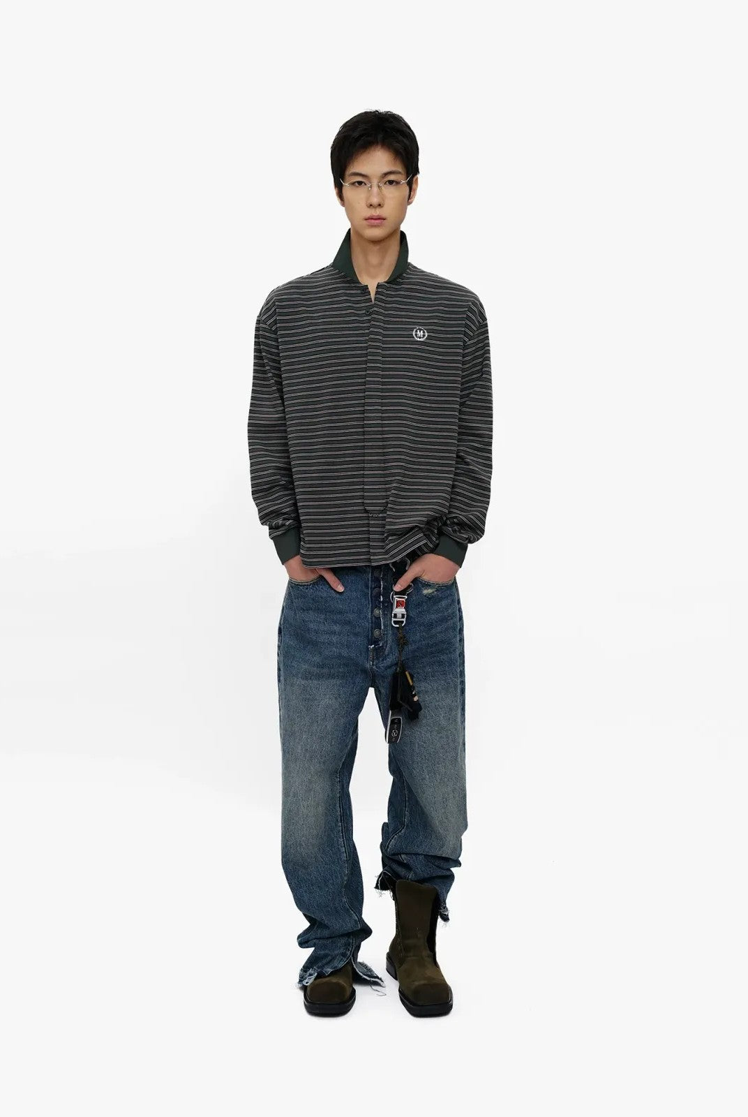 MASONPRINCE Striped Washed Cotton Rugby Shirt in Green - On Model