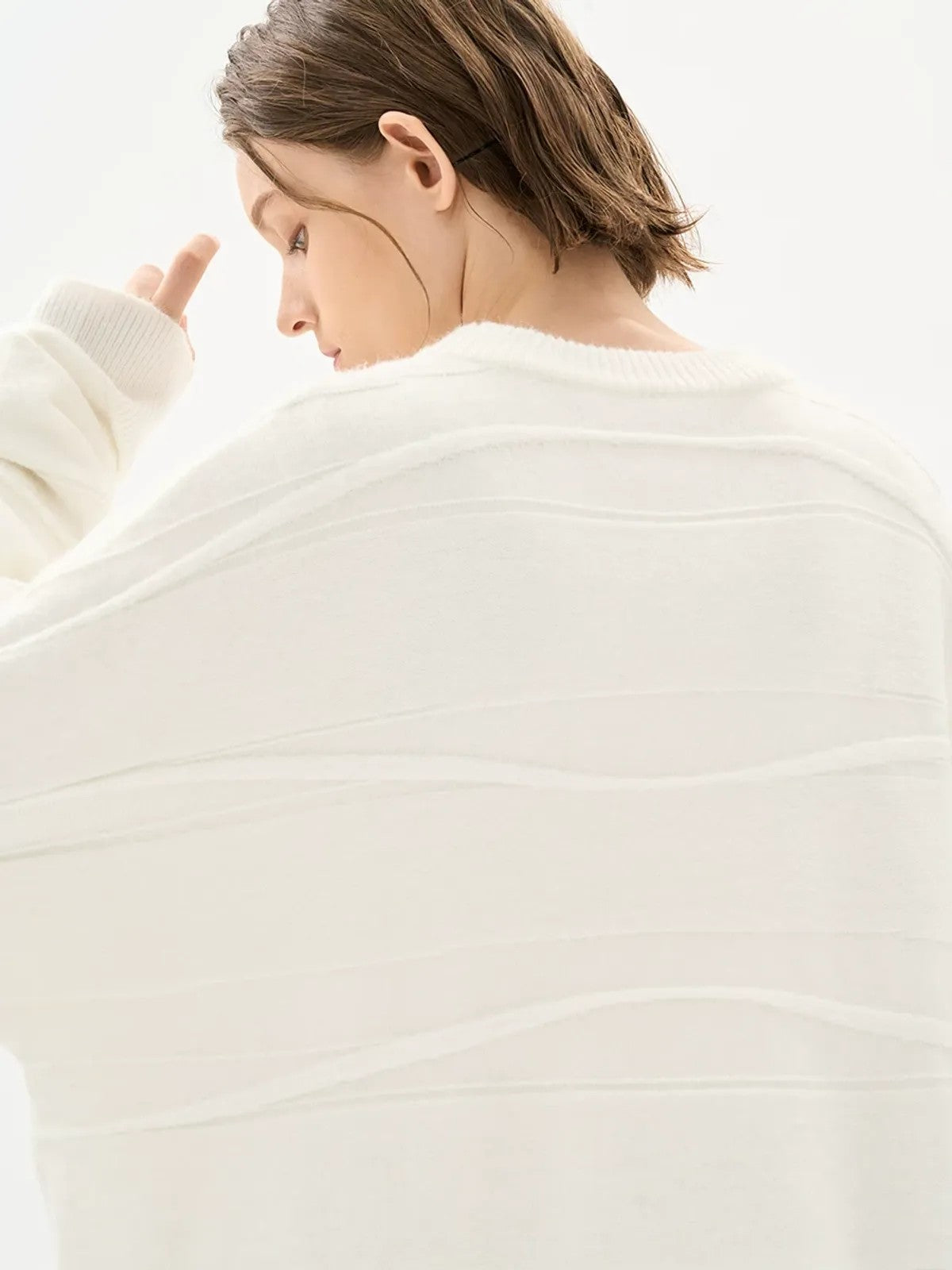 LOSTCTRL Wavy Stripe Textured Sweater in White - On Model