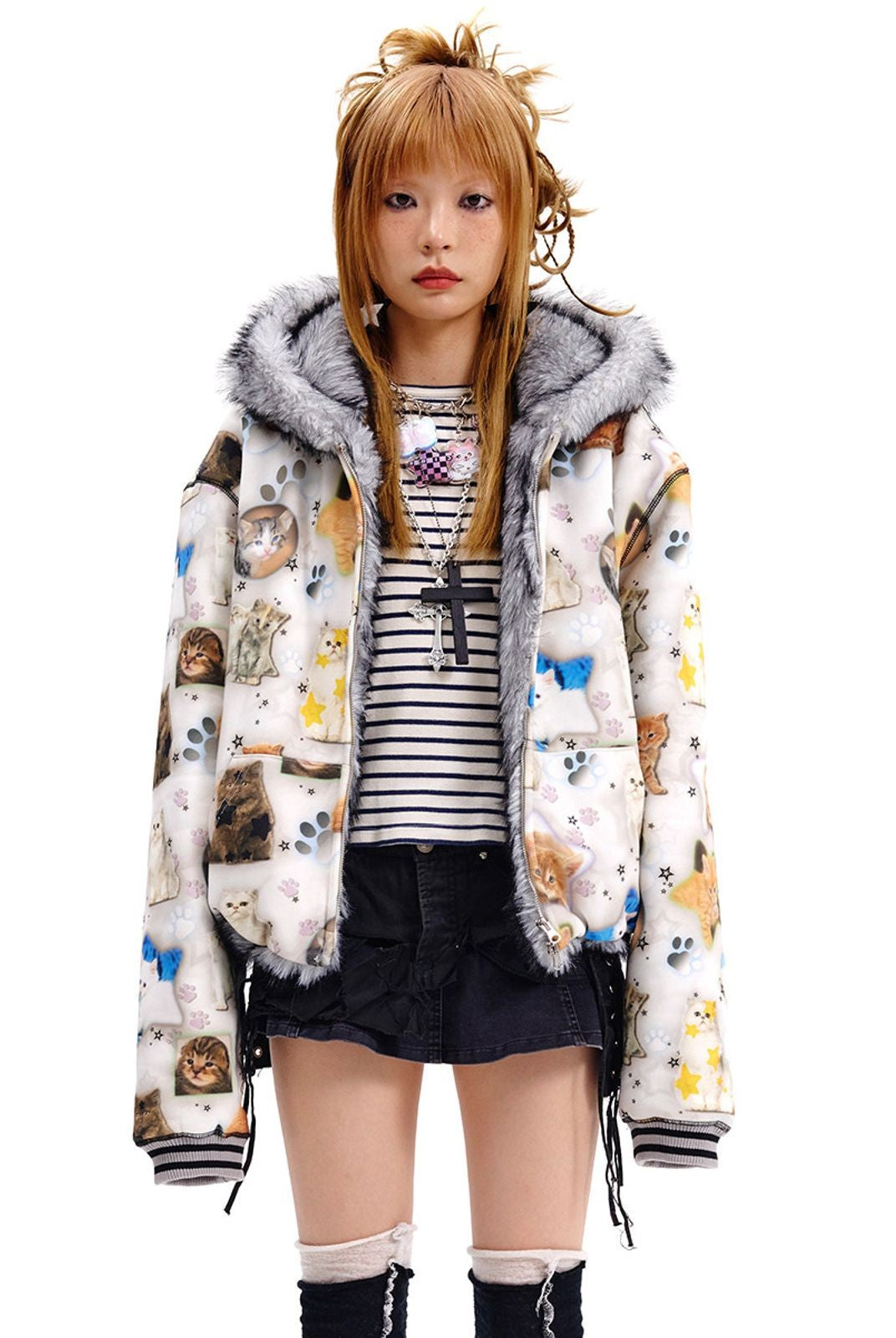 CFIERCE Reversible Cat Print Faux Fur Jacket in White - On Female Model