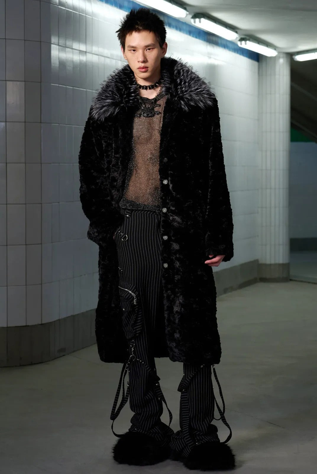 CFIERCE Belted Contrast Faux Fur Coat in Black - On Model