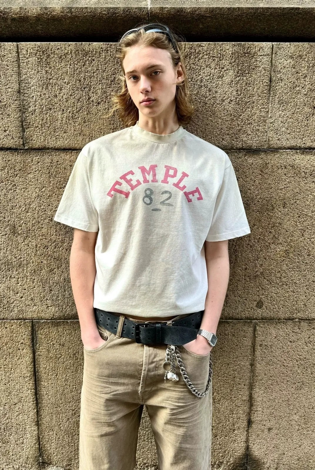 VLABMADE Distressed Dirty Wash T Shirt in White - On Model