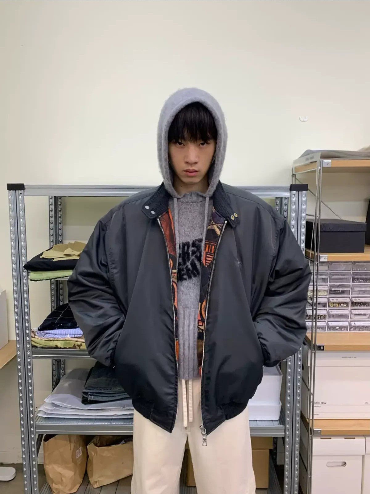 NeverSeez 3M Thinsulate Padded Bomber Jacket in Gray - On Male Model