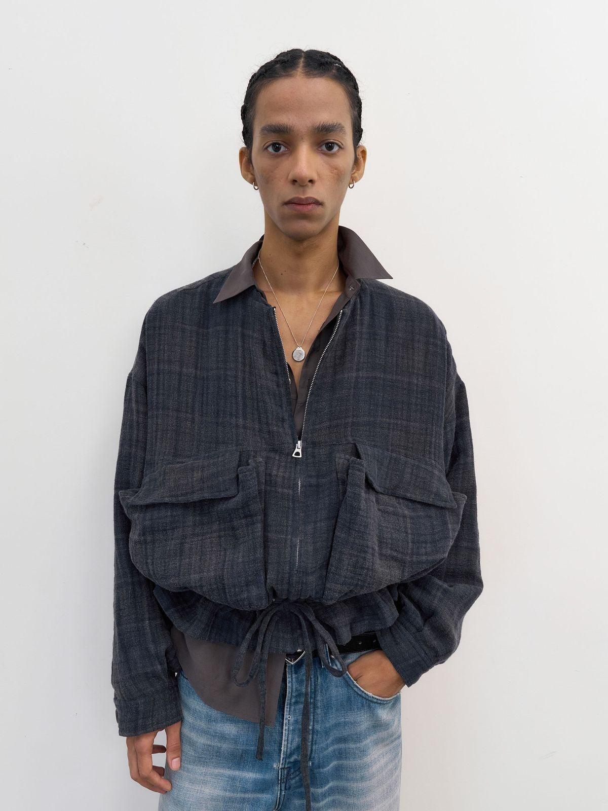 NeverSeez Linen Cotton Plaid Zip Jacket in Gray - On Male Model