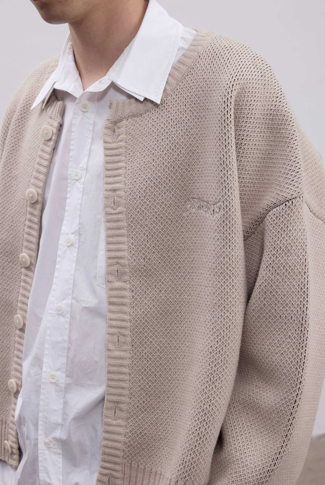 Aftertaste Jacquard Organic Cotton Blend Cardigan in Beige - On Model