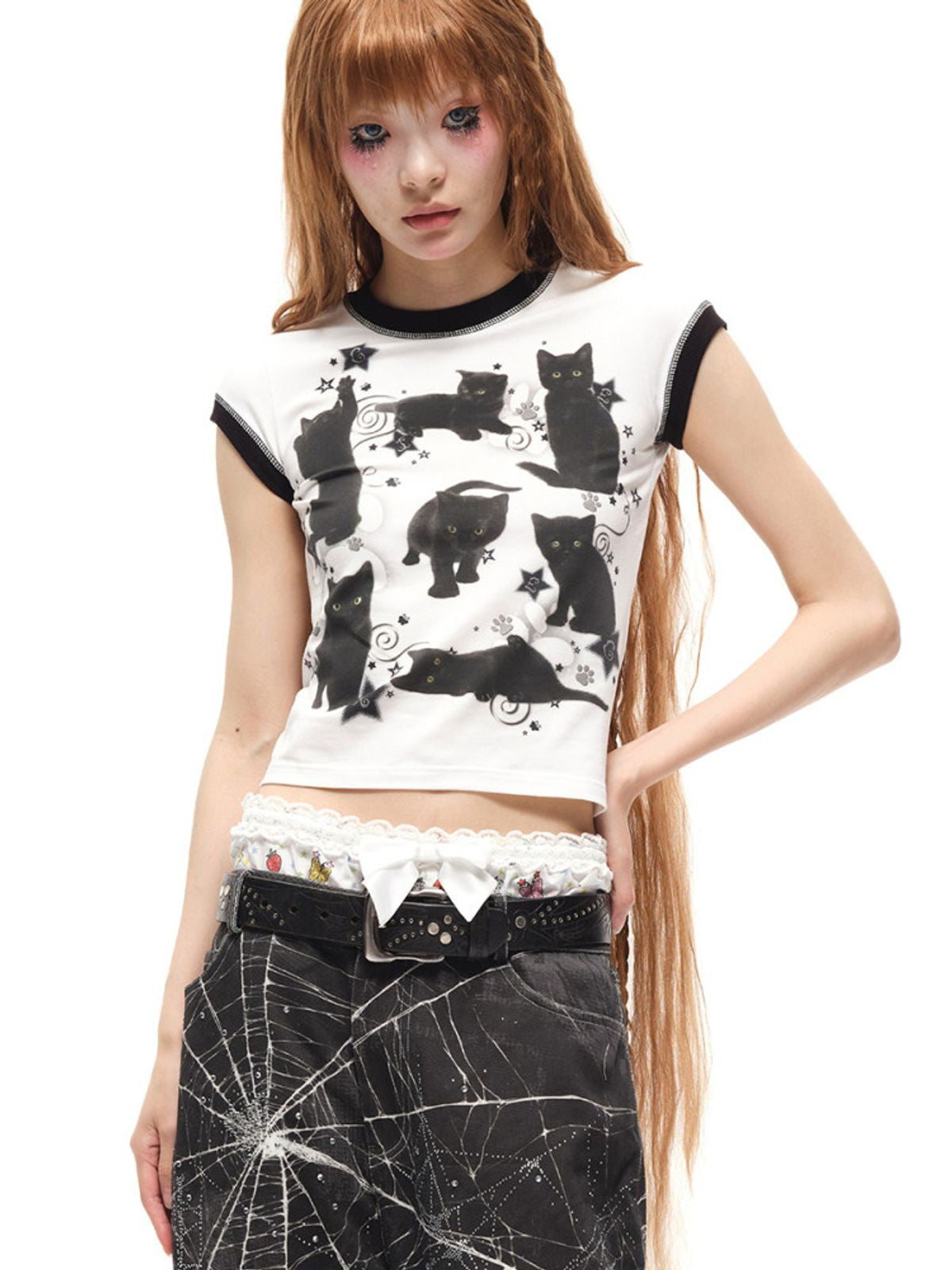 CFIERCE Black Cat Print Ringer Tee in White - On Female Model
