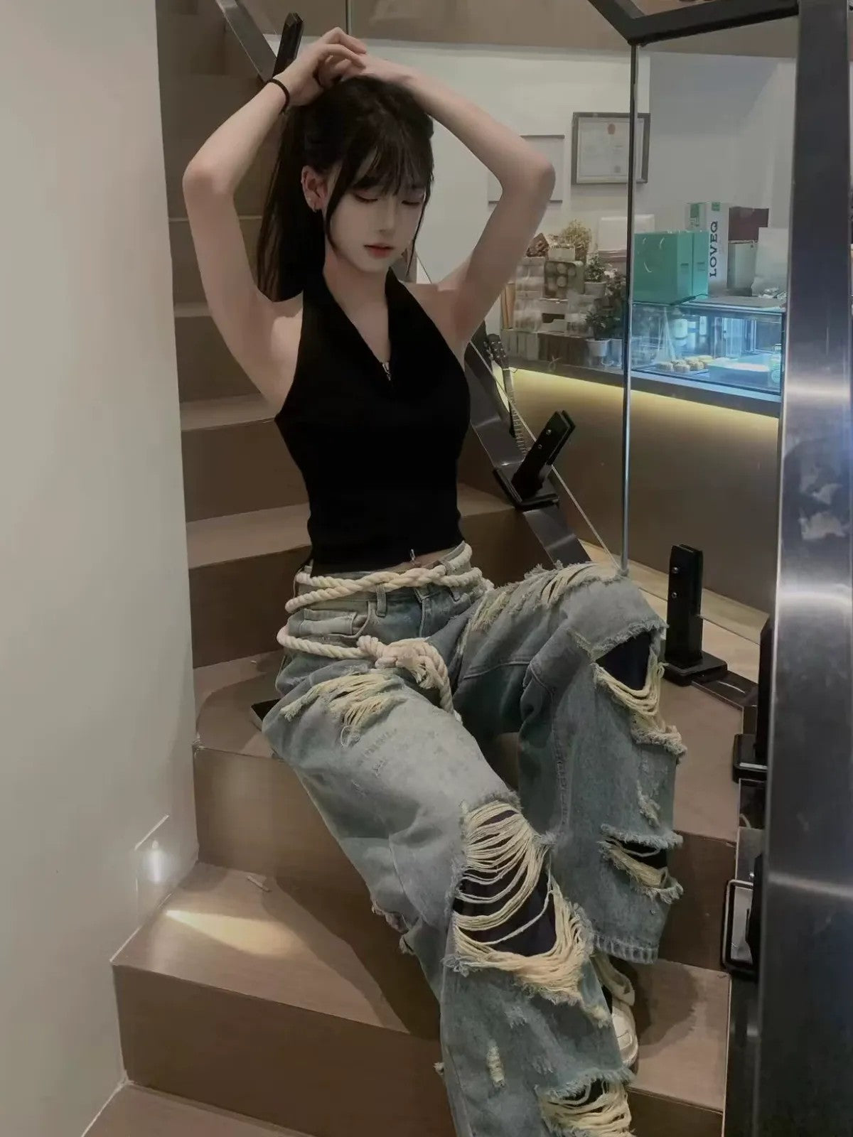 LOSTCTRL Double Layer Distressed Straight Jeans in Blue - On Model