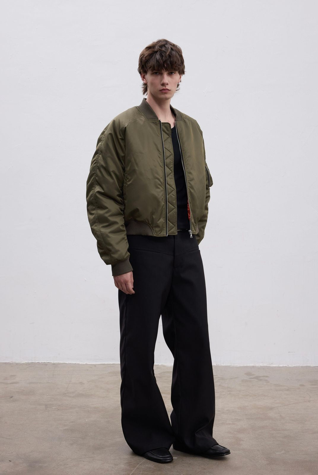 AFterTaste Irregular Collar Green Bomber in Green - On Model