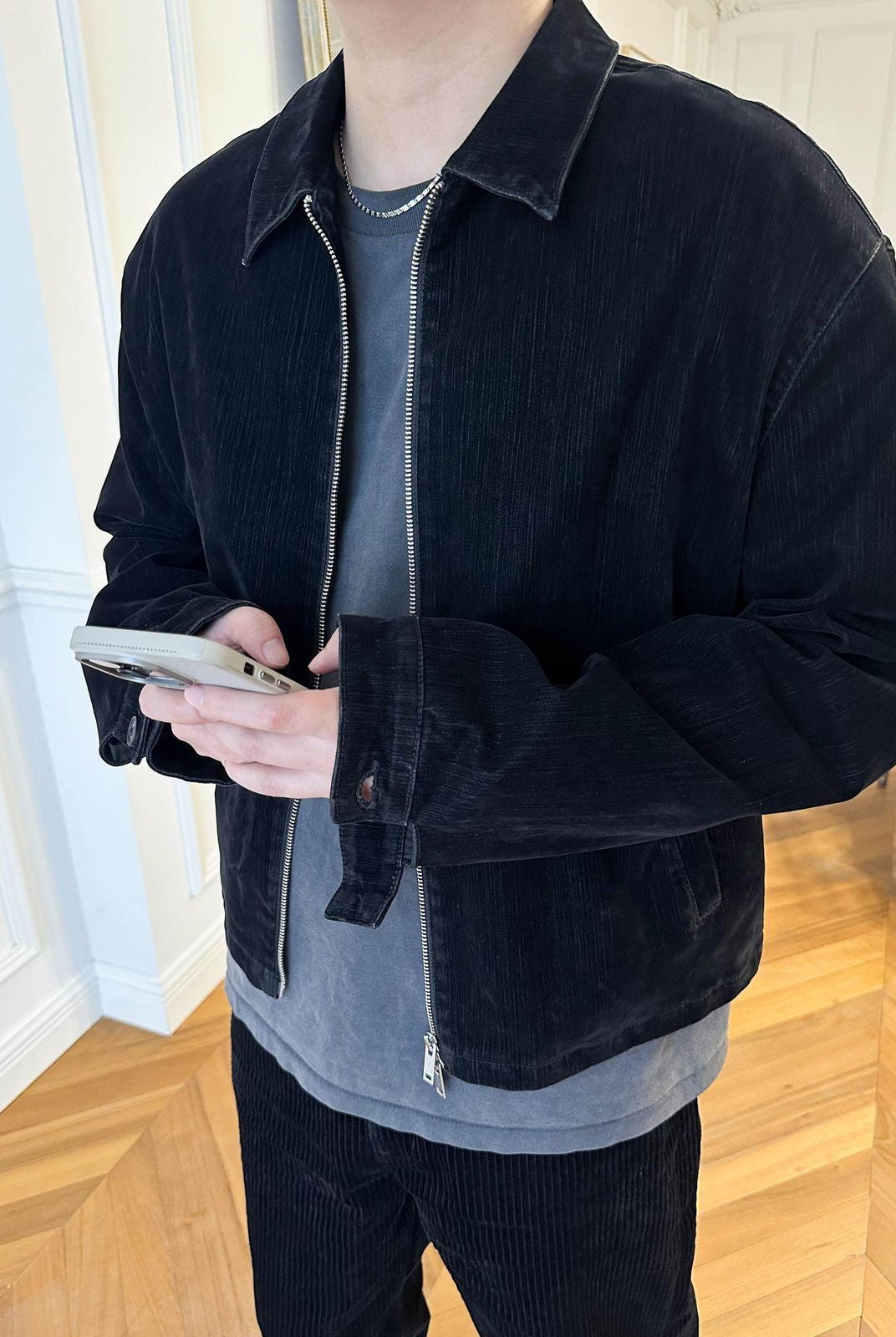 Roolrren Homme Flocked Velvet Denim Jacket in Black - On Model