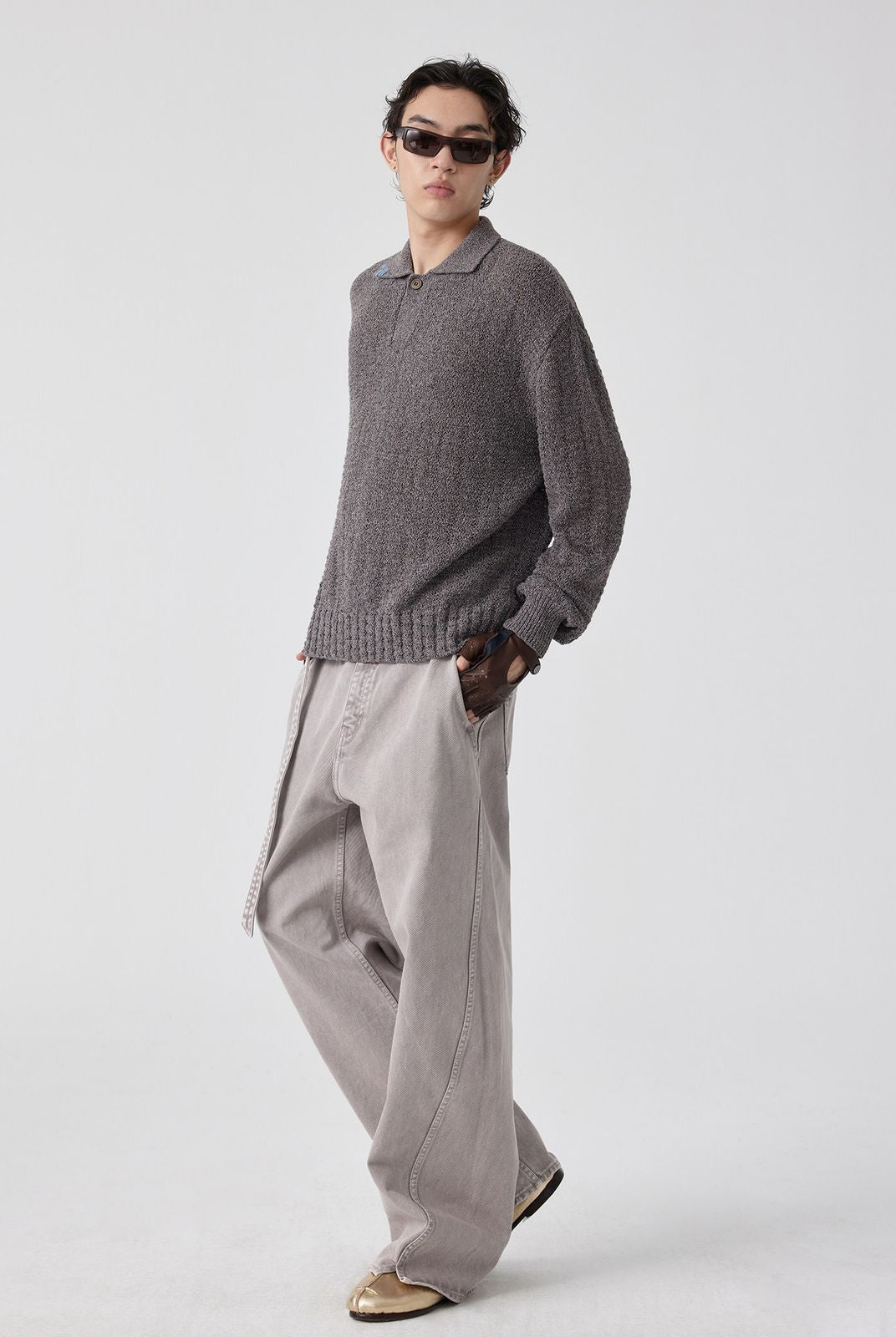 Simple Project Belted Twisted Leg Jeans in Purple - On Model