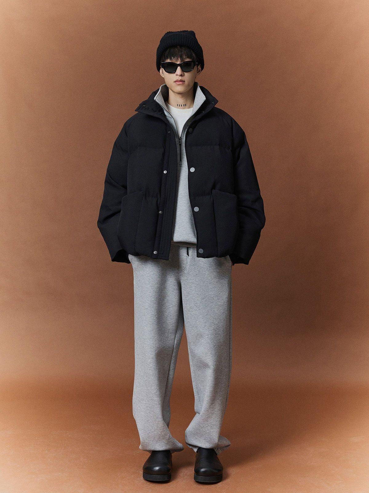 NANS Wool Touch High Neck Down Puffer in Black - On Model