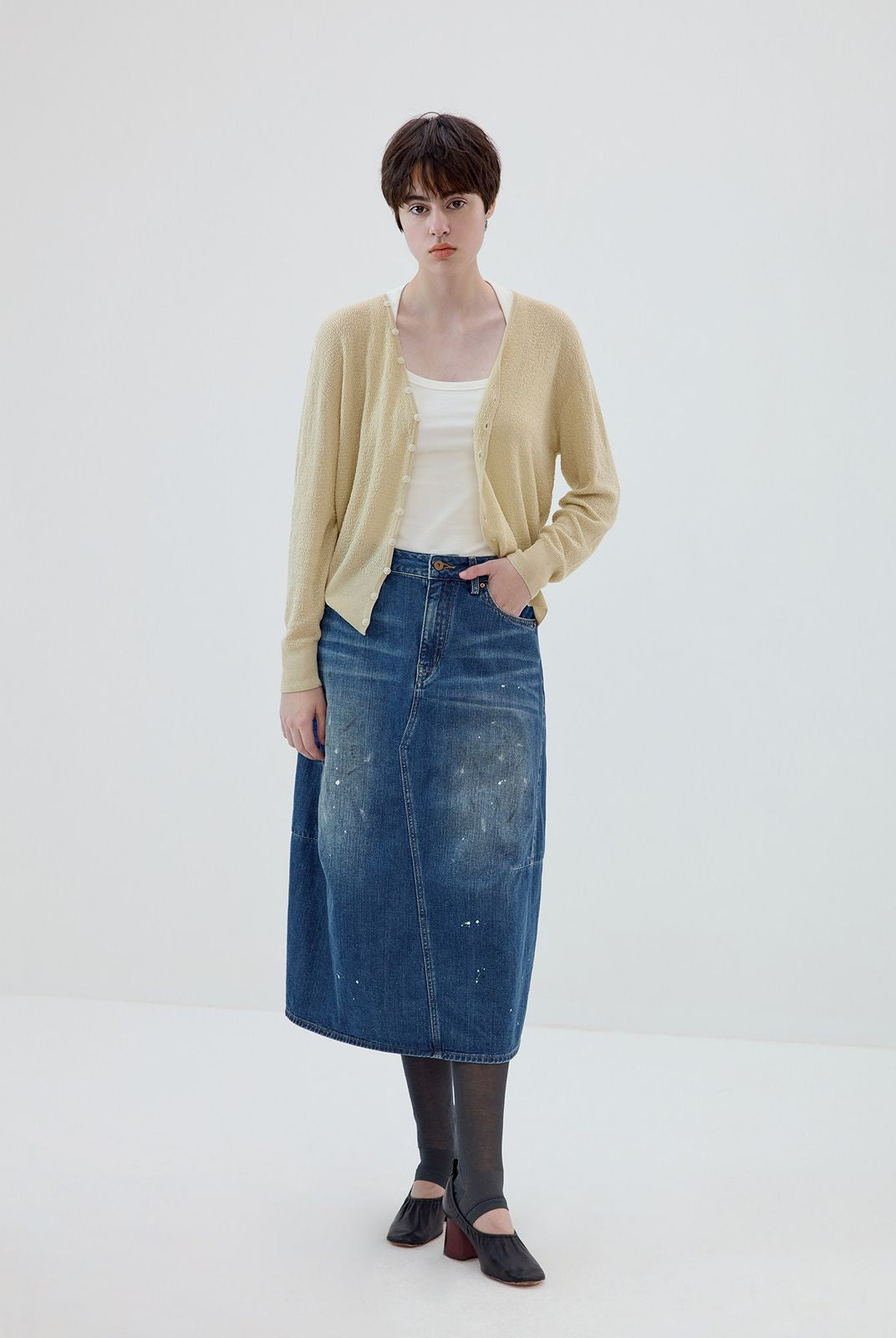 Simple Project Textured Linen Blend Cardigan in Beige - On Female Model