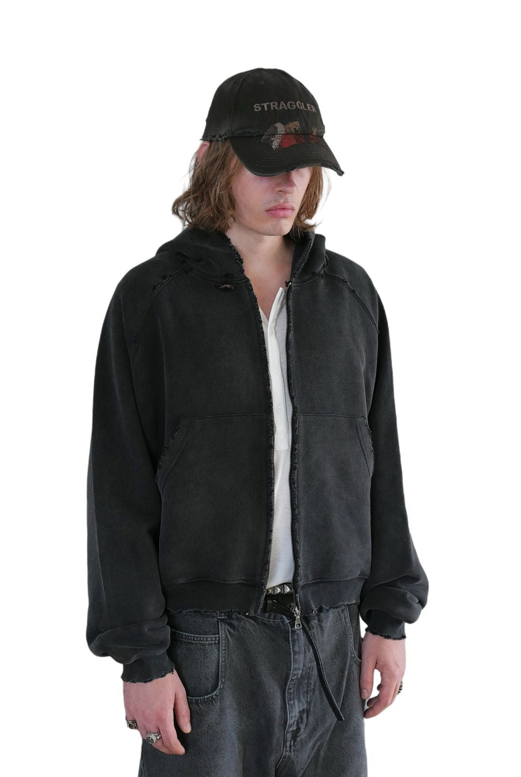 UNKNOWNWORLD Distressed Washed Zip Up Hoodie in Black - On Model