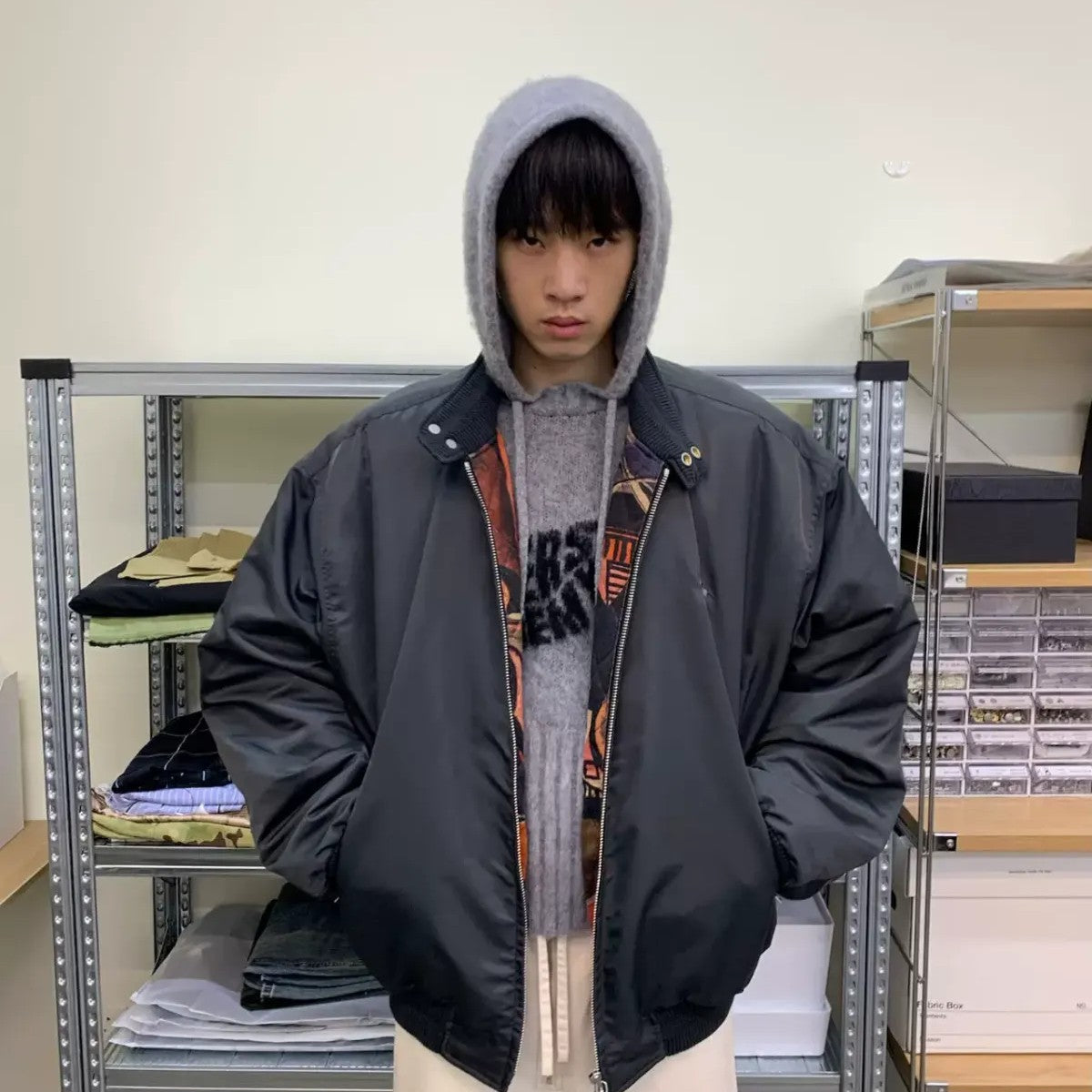NeverSeez 3M Thinsulate Padded Bomber Jacket in Gray - On Male Model