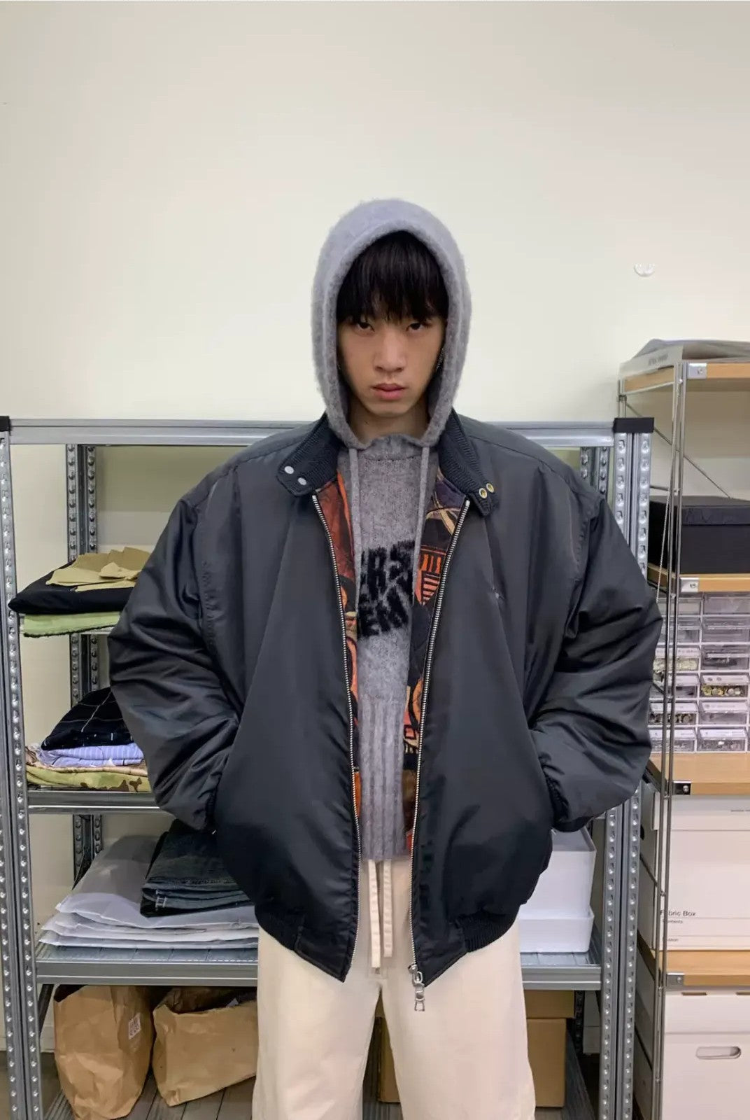 NeverSeez 3M Thinsulate Padded Bomber Jacket in Gray - On Male Model