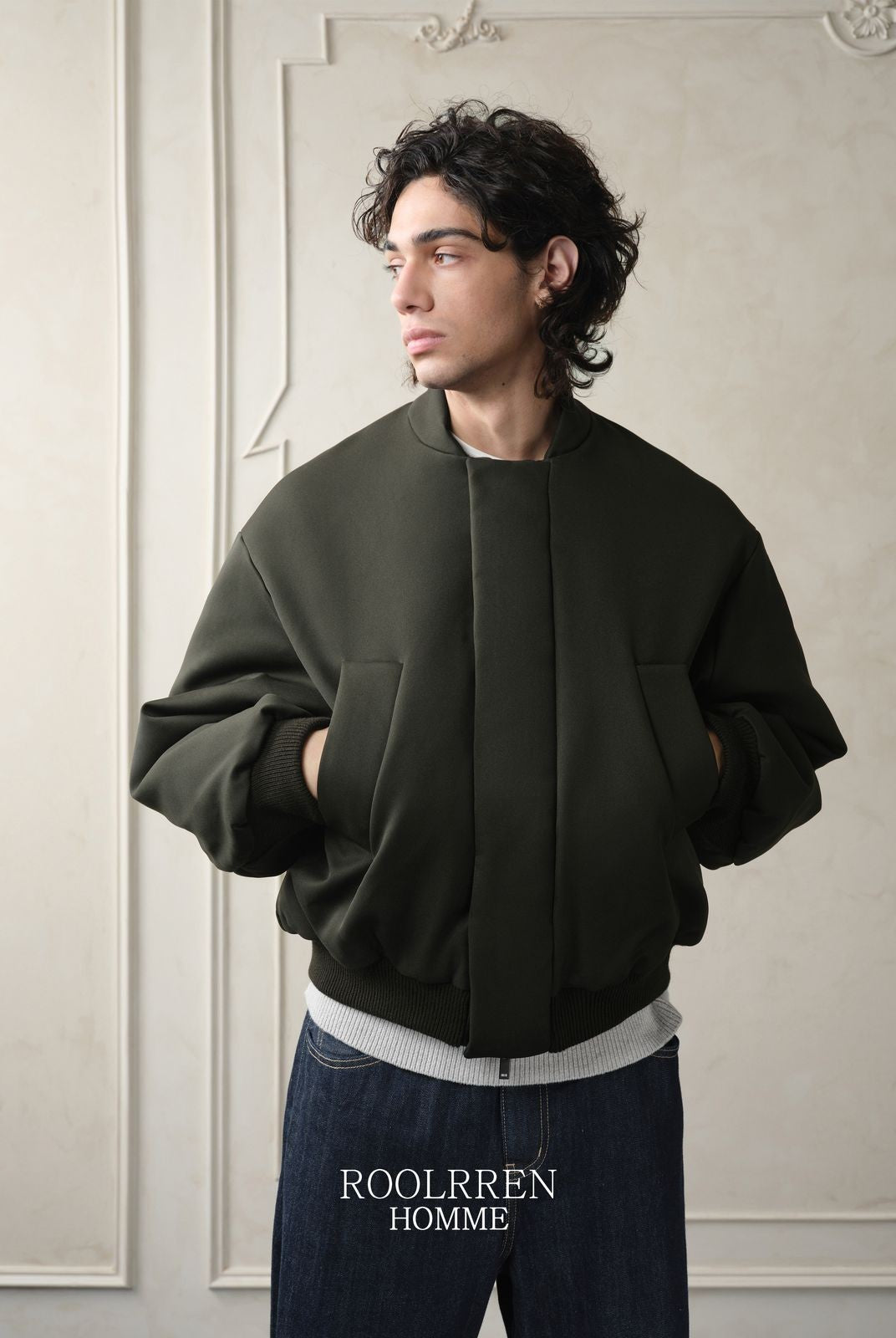 Roolrren Homme Thinsulate Padded Bomber Jacket in Green - On Model