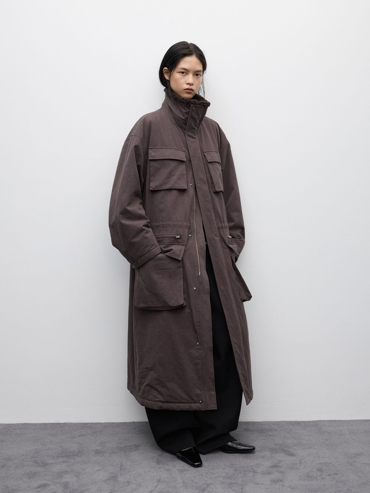 RandomPiece Eco Fur Trimmed Cotton Parka in Coffee - On Model