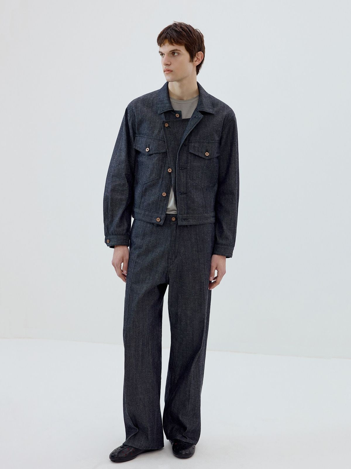 Simple Project Ramie Blend Selvedge Denim Jacket in Blue - On Model