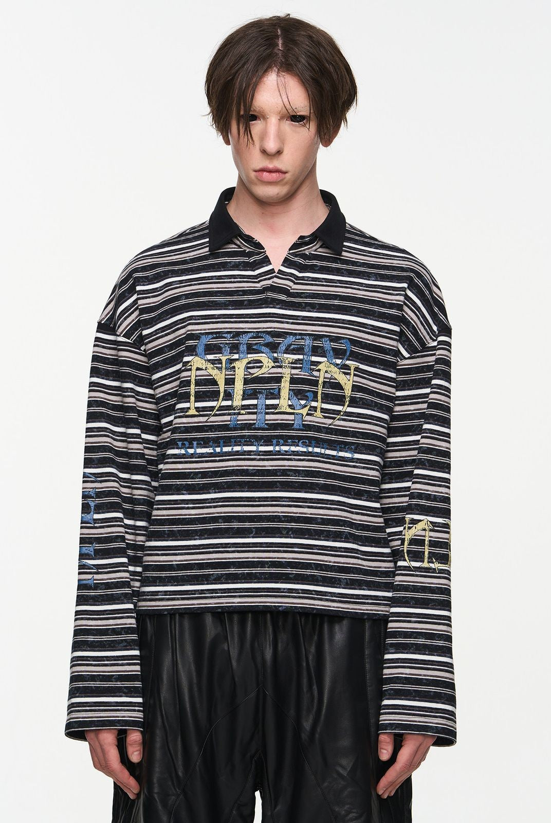 BLINDNOPLAN Washed Striped Crackle Print Polo in Black - On Model