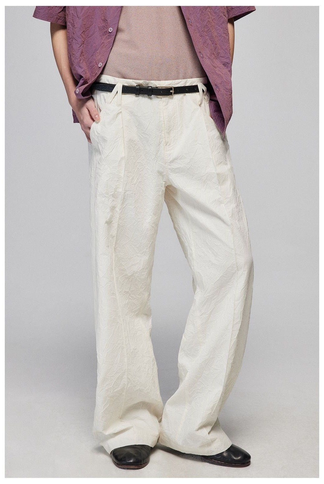 Simple Project Crinkled Straight Leg Trousers in White - On Male Model