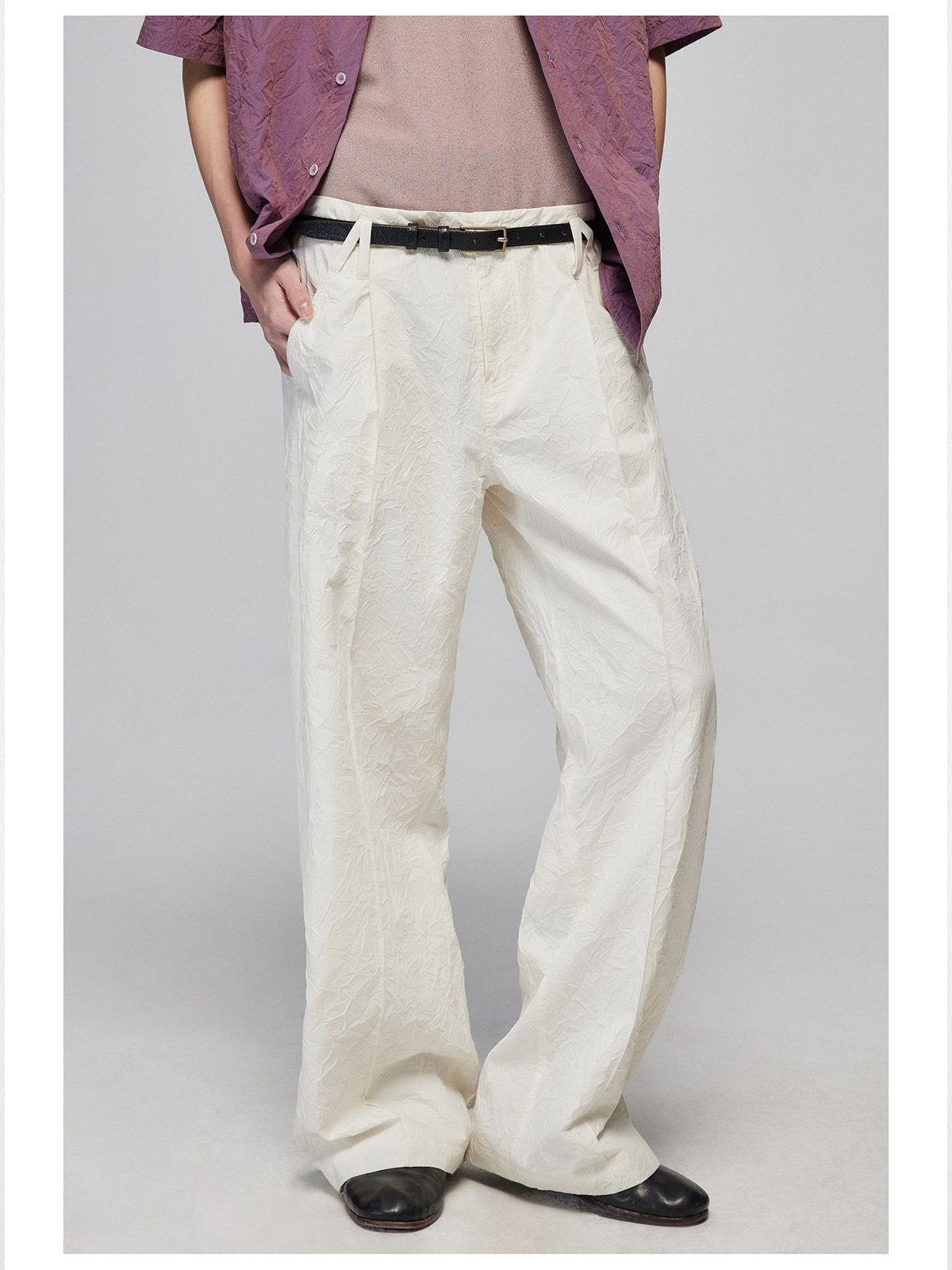 Simple Project Crinkled Straight Leg Trousers in White - On Male Model