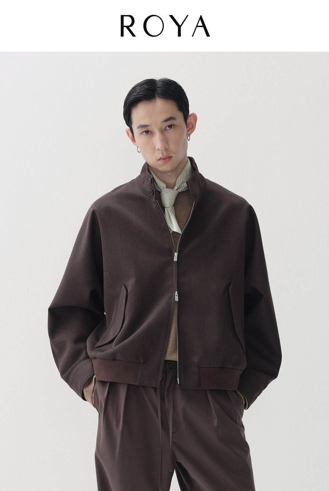 ROYA Melange Wool Blend Harrington in Brown - On Model
