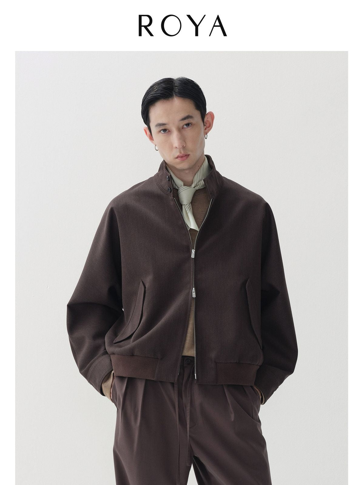 ROYA Melange Wool Blend Harrington in Brown - On Model