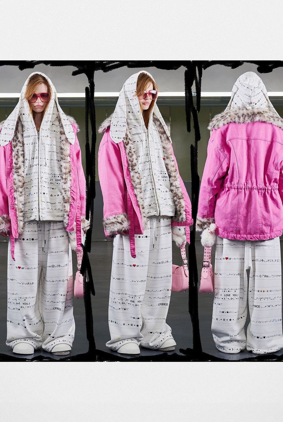 CFIERCE Leopard Lined Pink Denim Jacket in Hot Pink - On Female Model