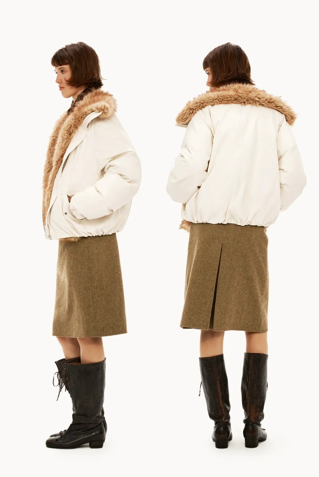 PUKI Reversible Wool Blend Midi Skirt in Brown - On Model