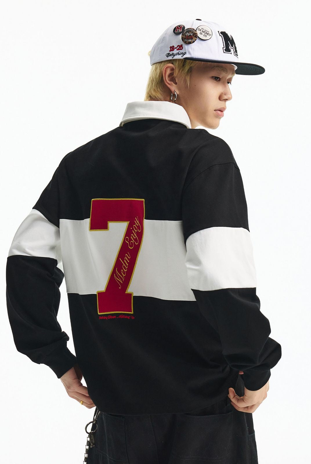 MEDM Embroidered Pegasus Rugby Polo in Black - On Model