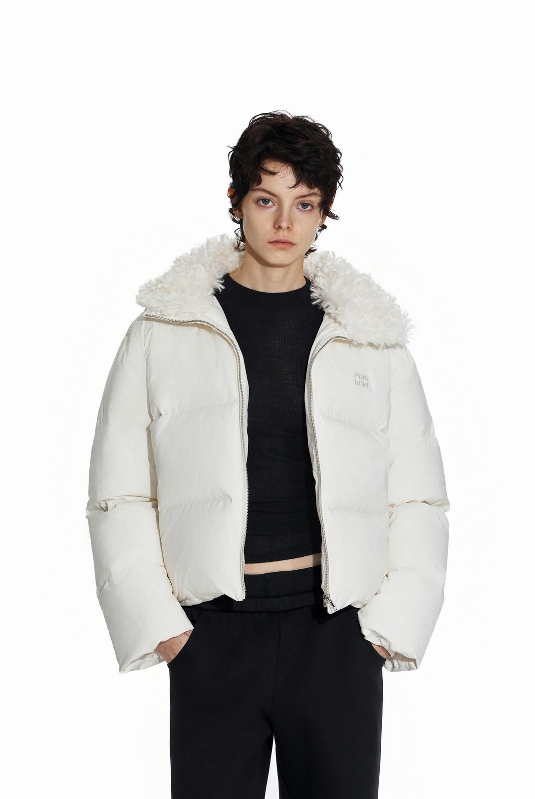PUKI Cropped Down Puffer with Fur Collar in White - On Model