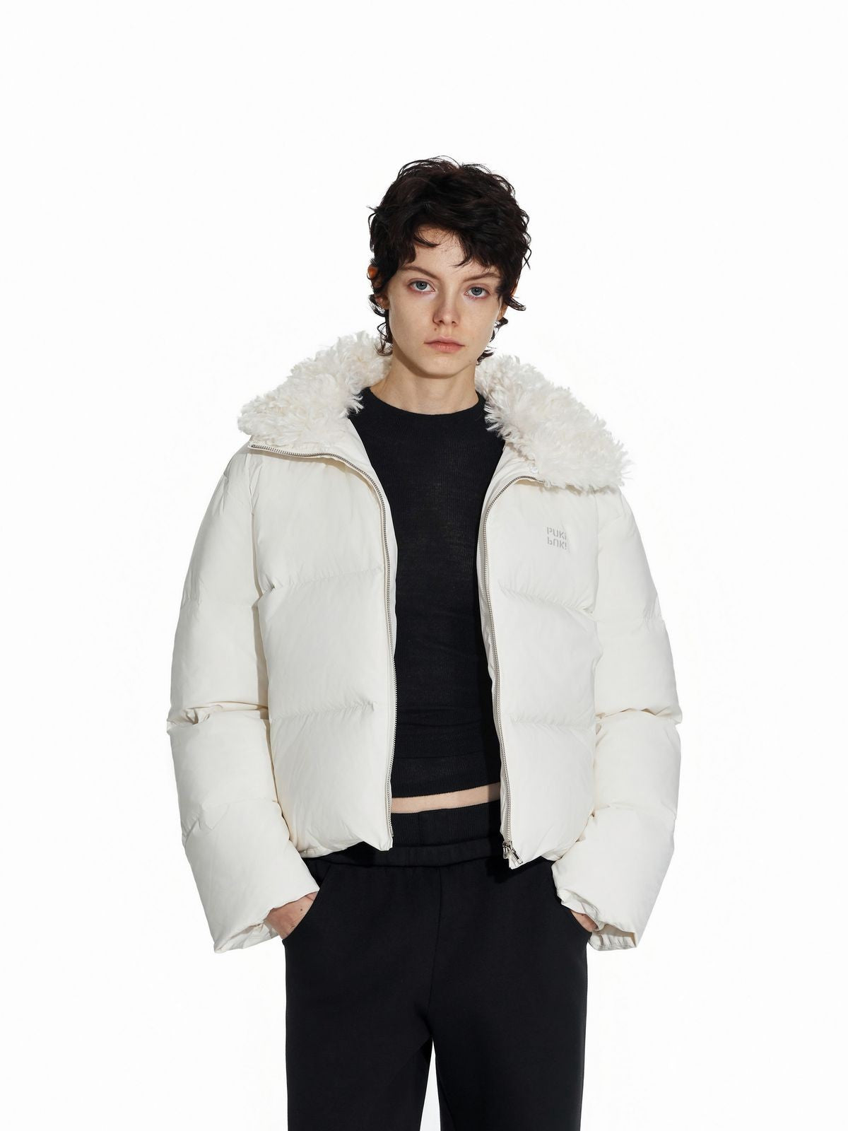 PUKI Cropped Down Puffer with Fur Collar in White - On Model