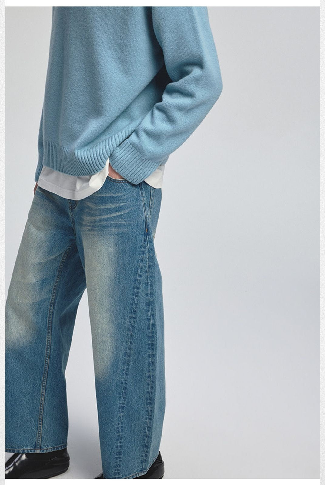 NANS 14oz Heavyweight Curved Leg Jeans in Denim - On Model