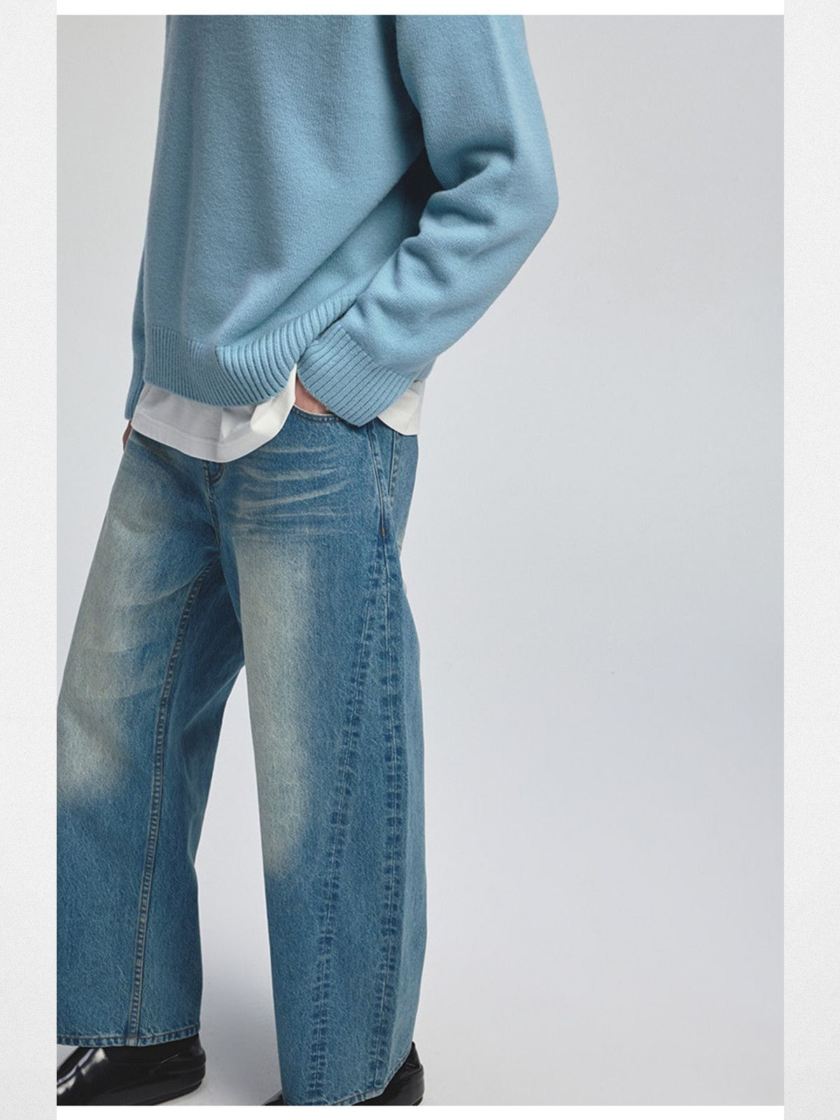 NANS 14oz Heavyweight Curved Leg Jeans in Denim - On Model