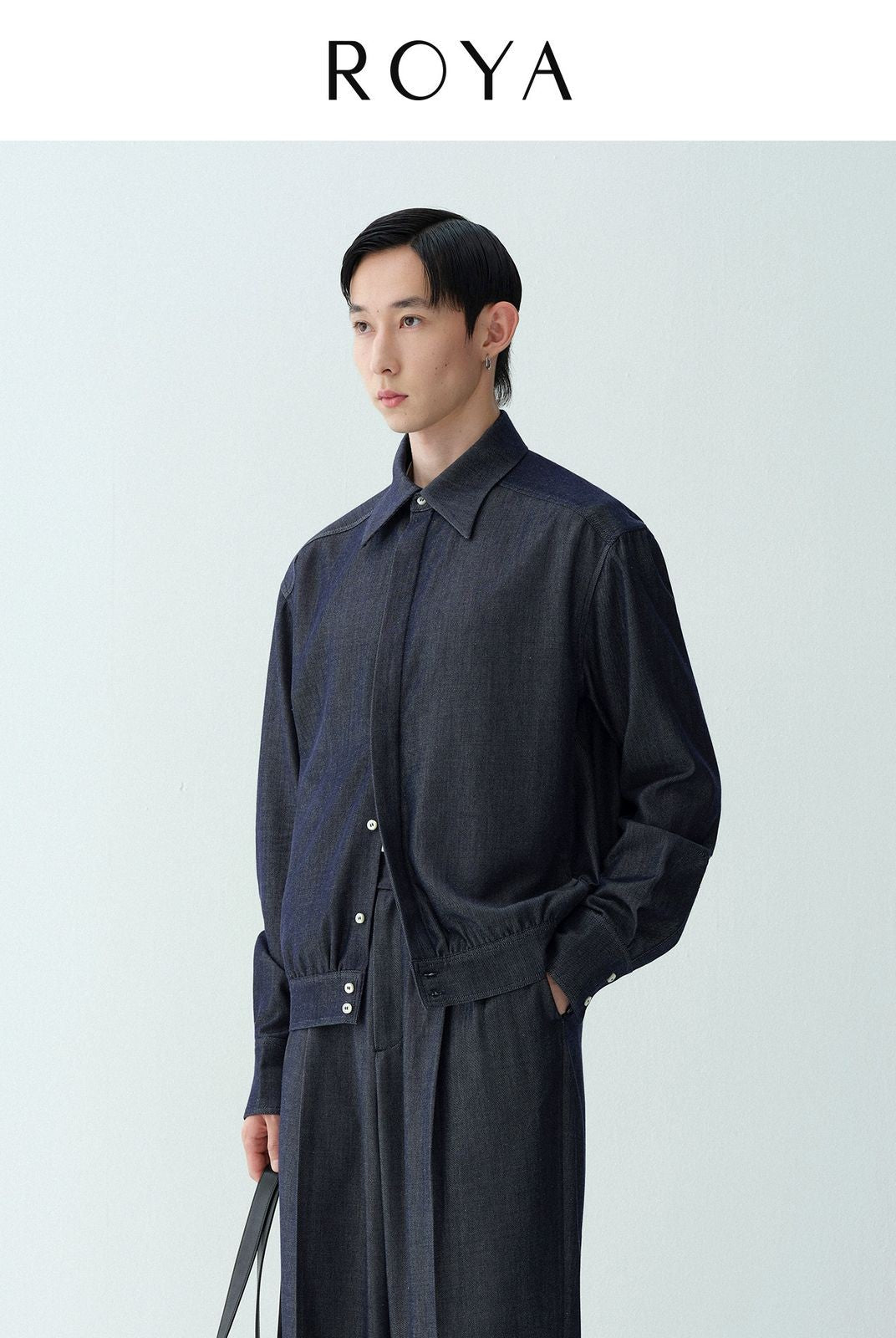 ROYA Silk Blend Denim Style Blouson in Blue - On Model