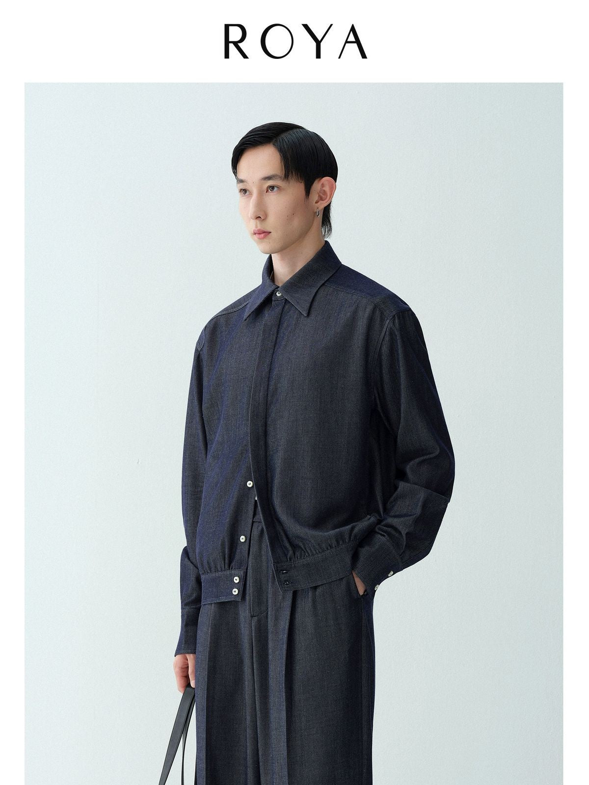 ROYA Silk Blend Denim Style Blouson in Blue - On Model