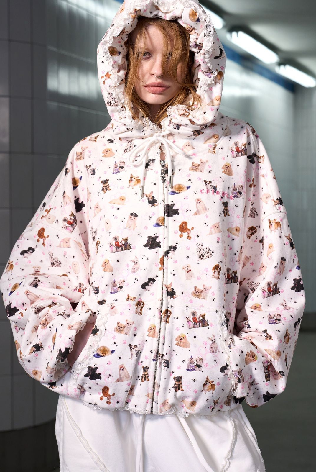 CFIERCE Puppy Print Pillow Hood Zip Up in Pink - On Female Model