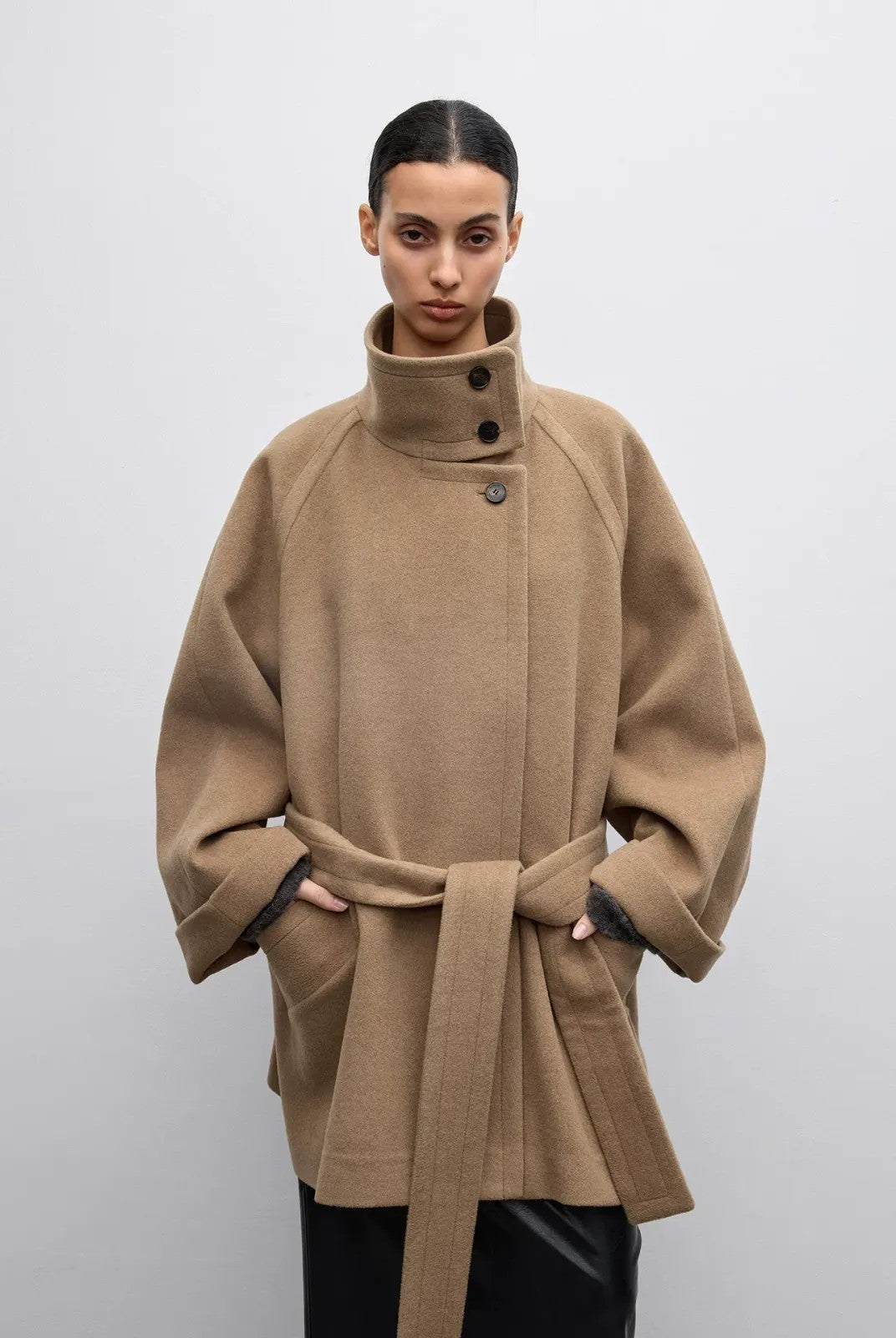 RandomPiece Wool Alpaca Stand Collar Coat in Beige - On Model