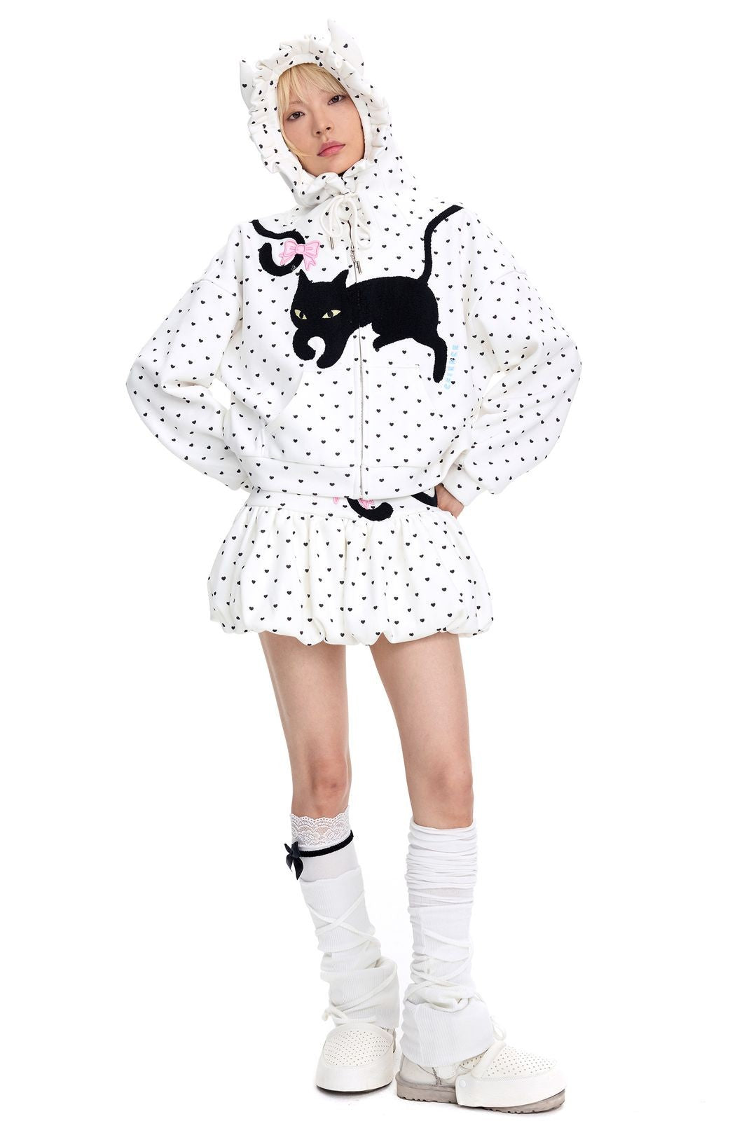 CFIERCE Heart Print Cat Ear Zip Hoodie in White - On Female Model