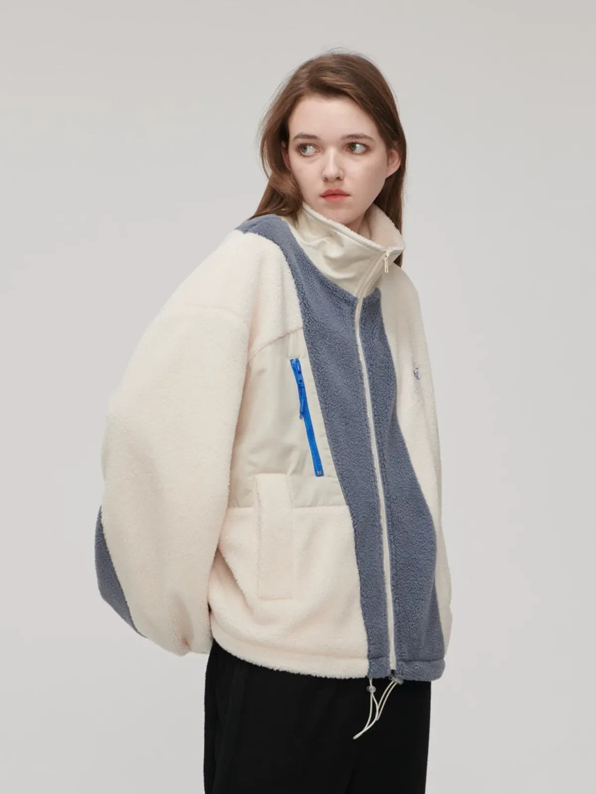 LOSTCTRL High Neck Color Block Sherpa Jacket in Cream - On Model