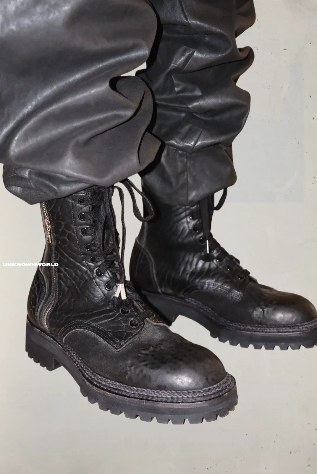 UNKNOWNWORLD Maryam Horse Leather Norwegian Welt Boots in Black - On Model