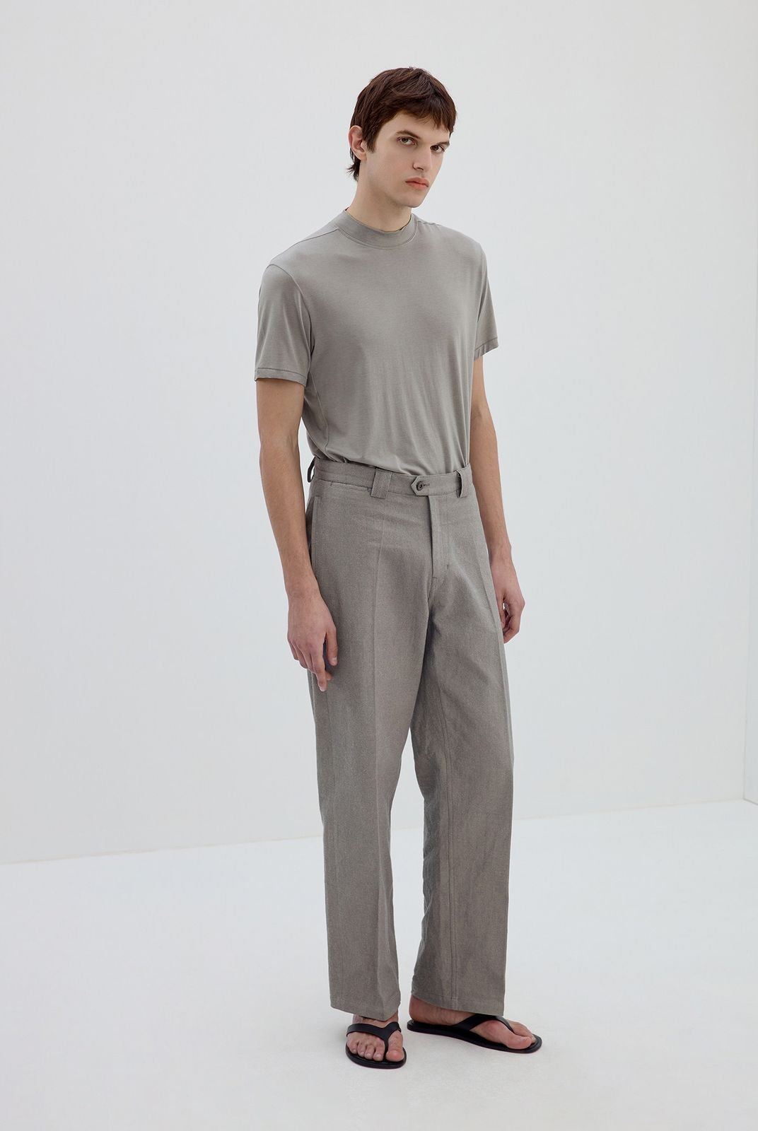 Simple Project Merino Wool Blend Mock Neck T Shirt in Beige - On Model