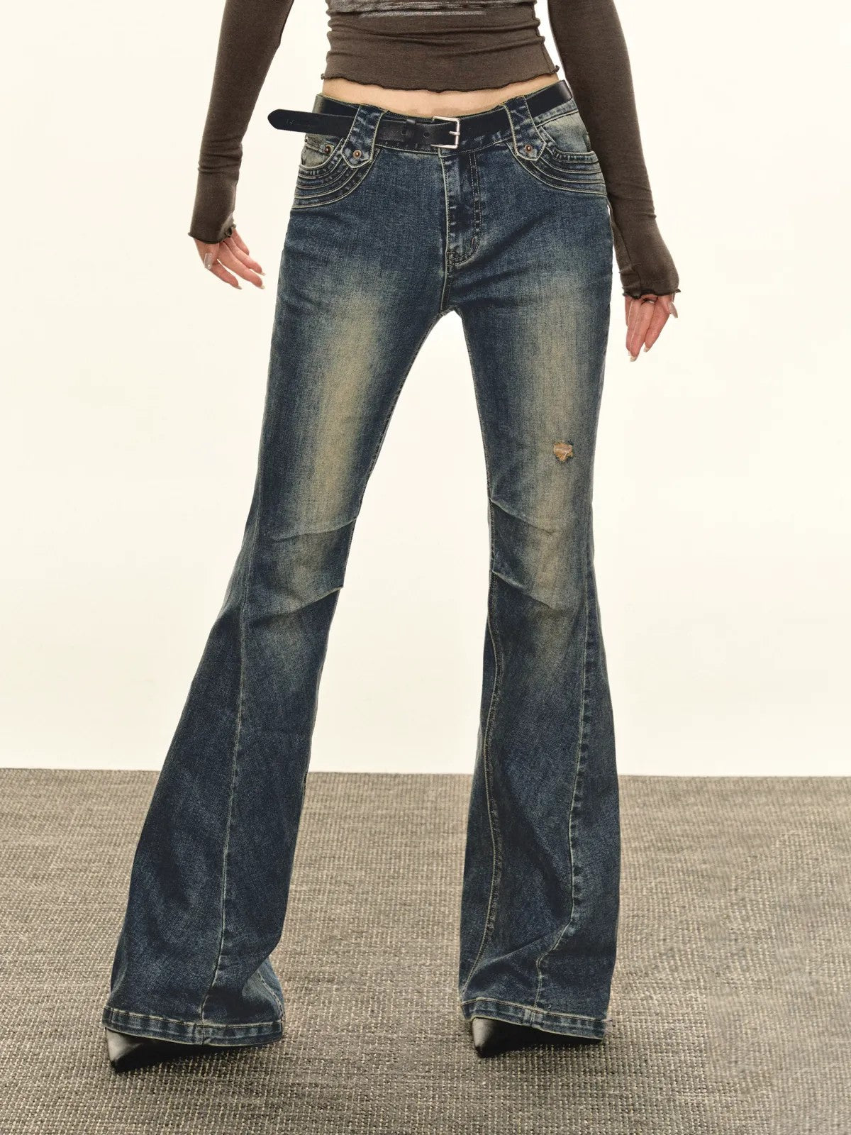 ARISEISM Distressed Micro Flare Jeans in Blue
