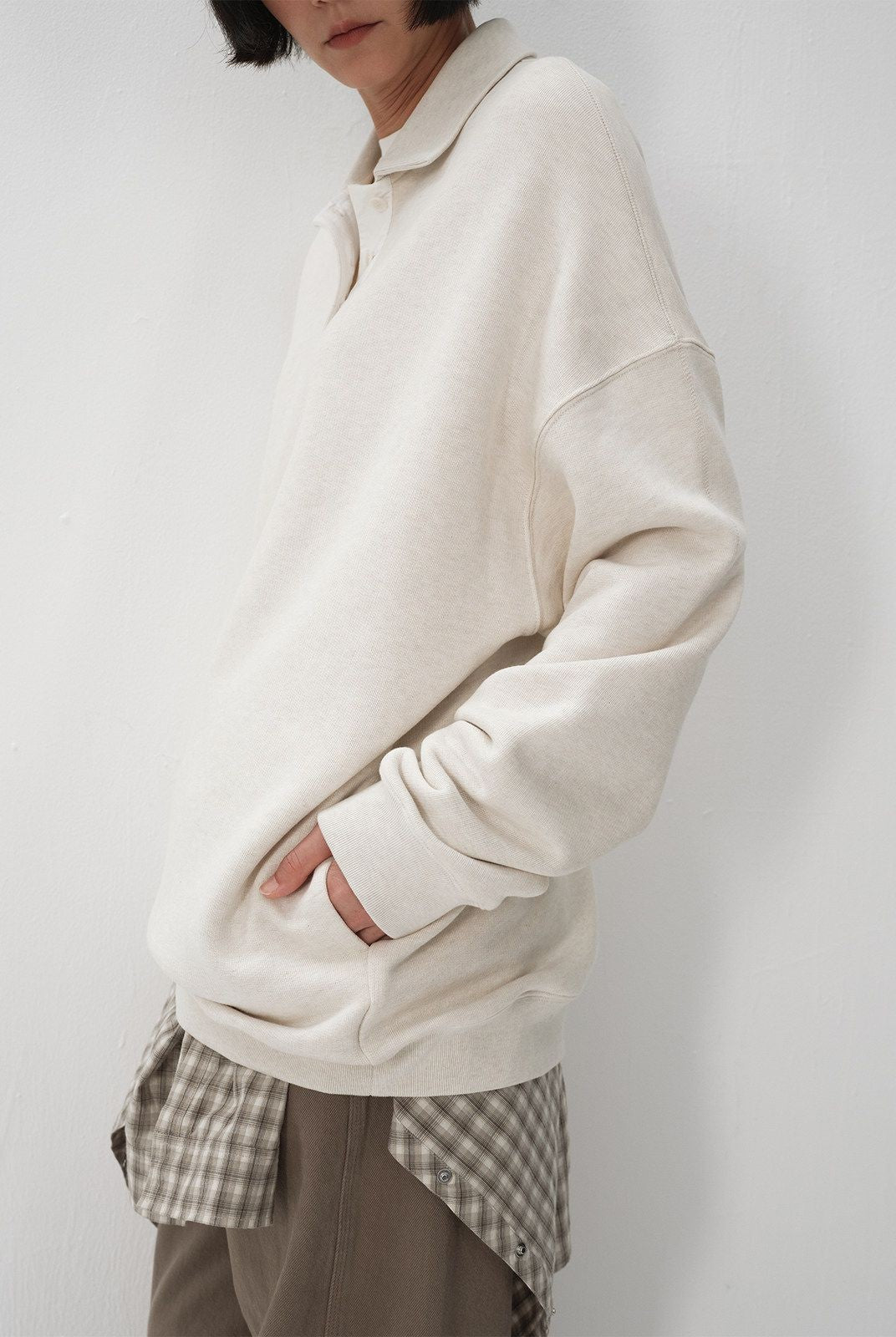 RandomPiece Cotton Polo Collar Sweatshirt in Beige - On Model