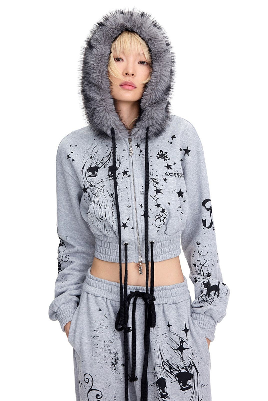 CFIERCE Angel Graffiti Fur Trim Cropped Hoodie in Gray - On Model