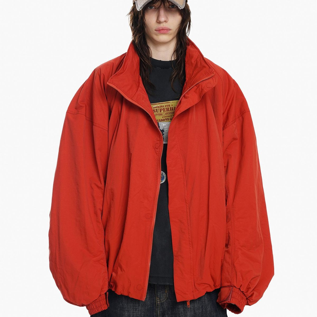 MASONPRINCE Oversized Structural Nylon Jacket in Red - On Model #color_red