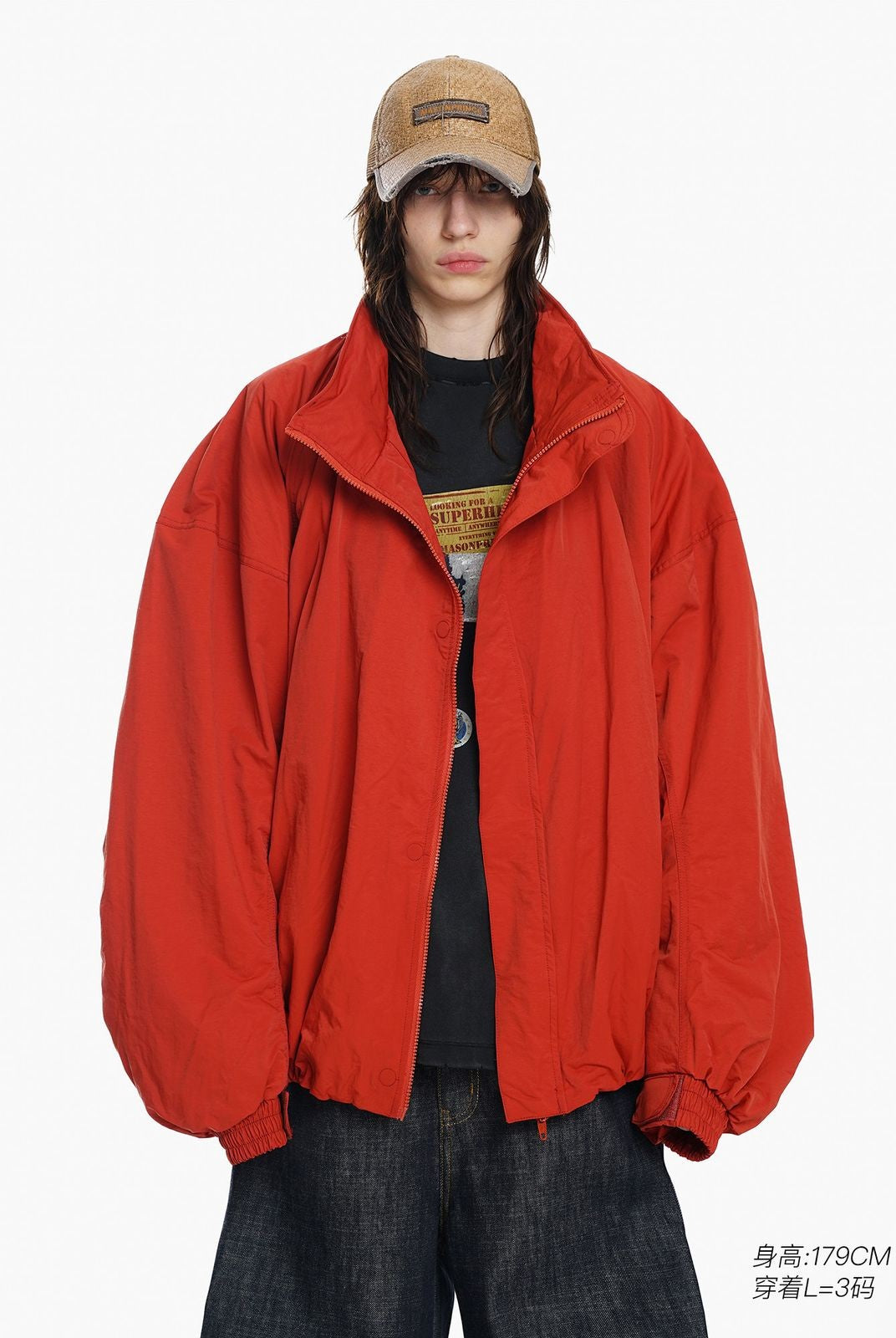 MASONPRINCE Oversized Structural Nylon Jacket in Red - On Model #color_red