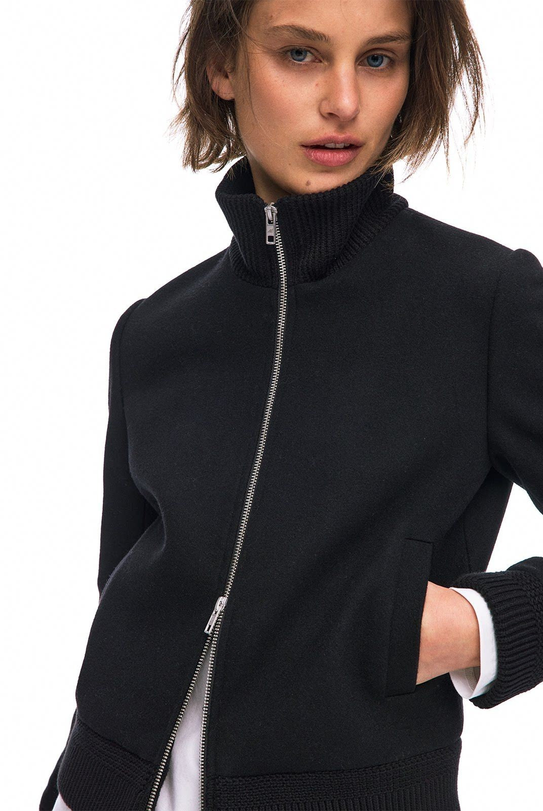 Alright then Lamb Wool Blend Double Zip Jacket in Black - On Model