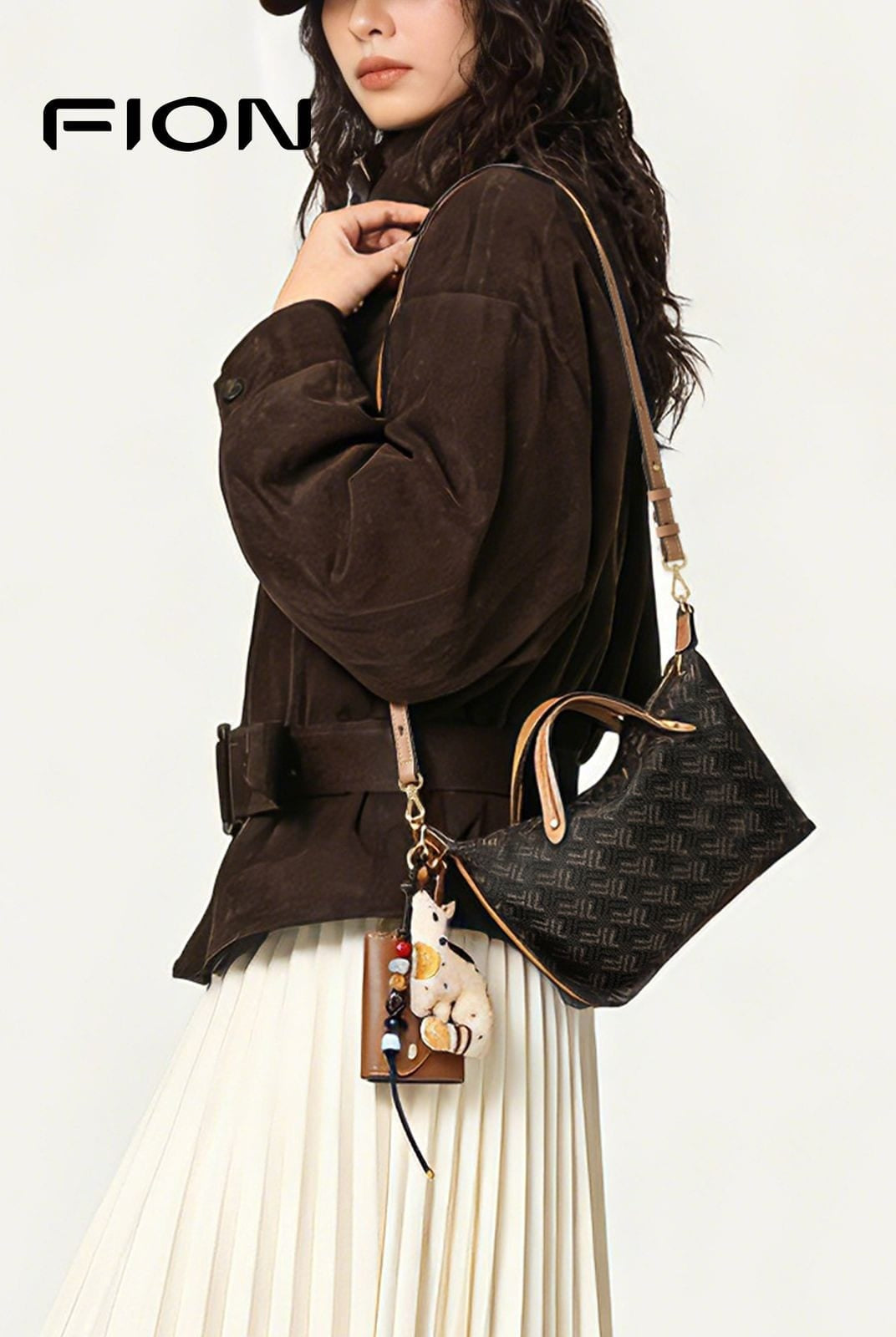 FION Small Woven Leather Trim Dumpling Tote in Brown - On Female Model